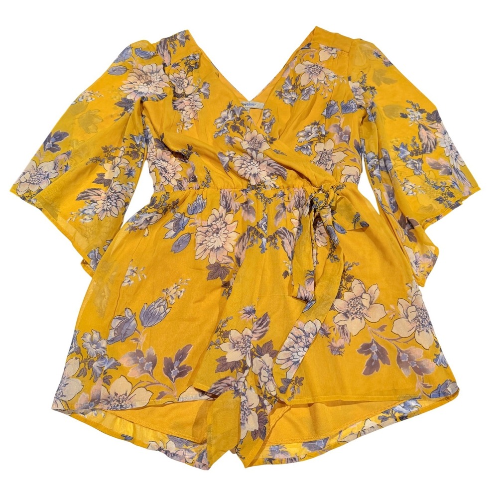 Bailey Blue Yellow Floral Romper Long Bell Sleeve V-Neck Tie Waist‎ Small
